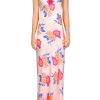 Online Pink And Blue Rose Printed Silk Bias Long Slip Dress With Silk Flower Detail Dresses