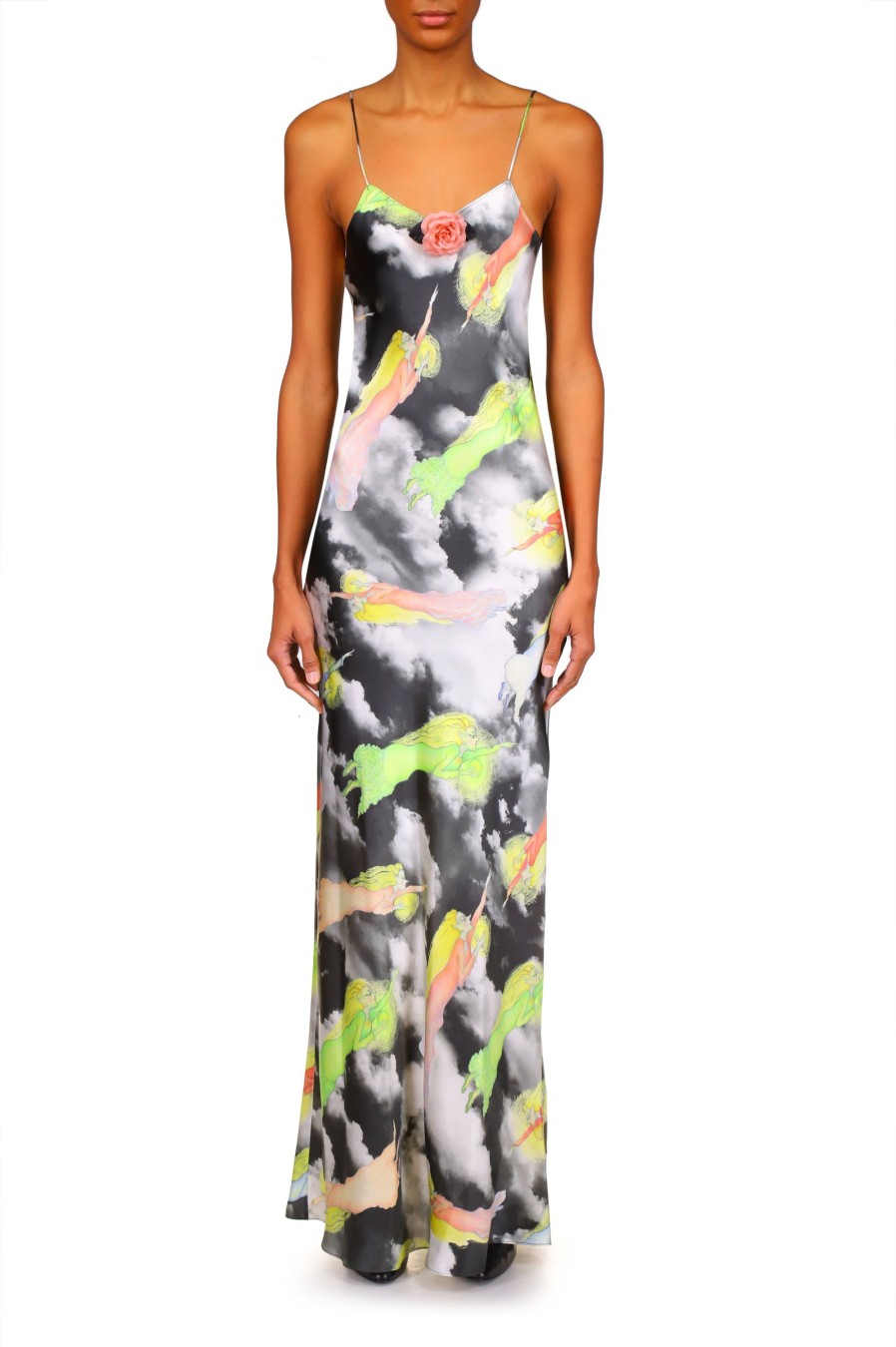 Clearance Cloud And Fairy Printed Silk Satin Bias Slip Dress Dresses