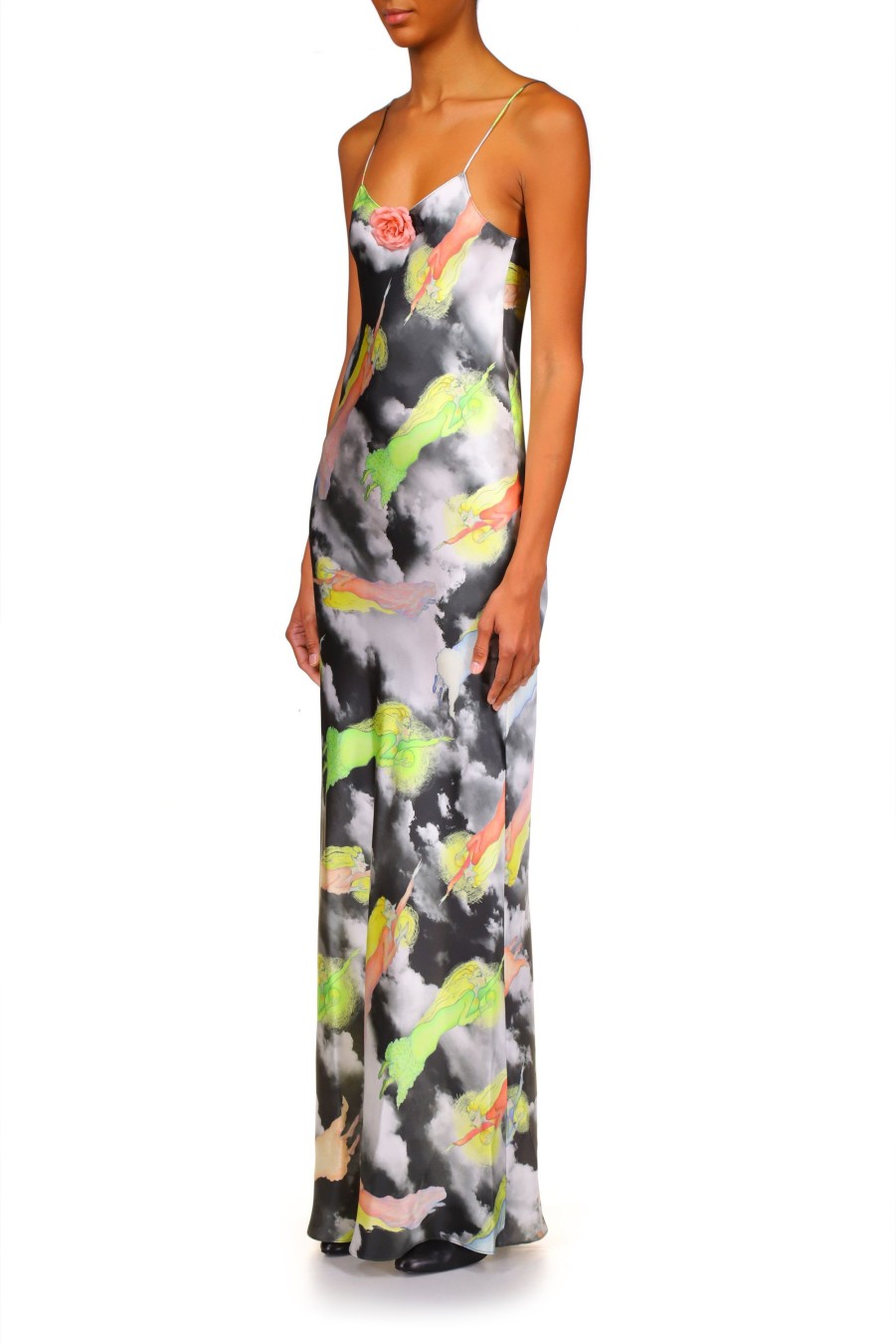 Clearance Cloud And Fairy Printed Silk Satin Bias Slip Dress Dresses