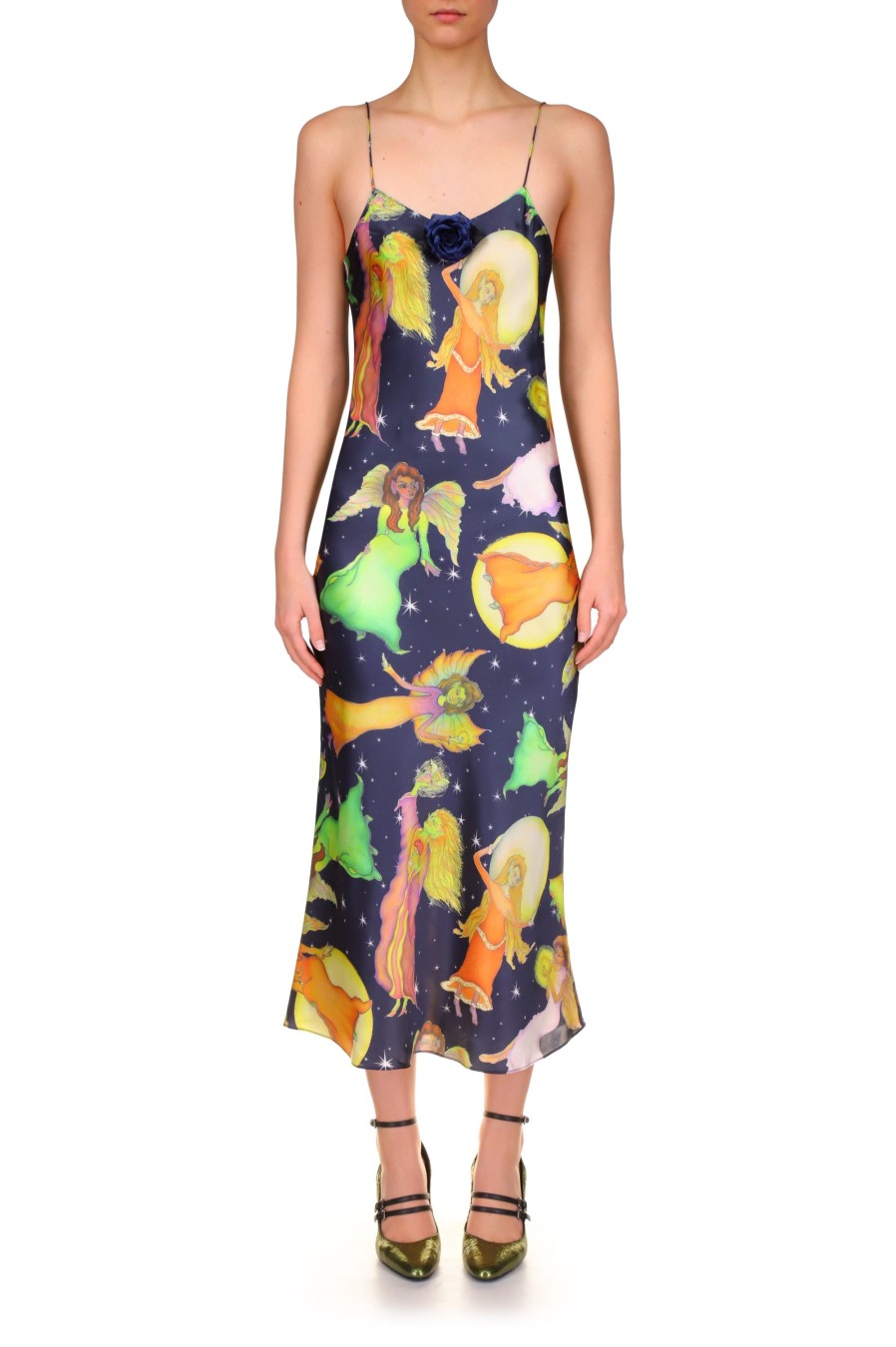 Hot Starry Sky And Fairy Printed Silk Satin Bias Slip Dress Dresses