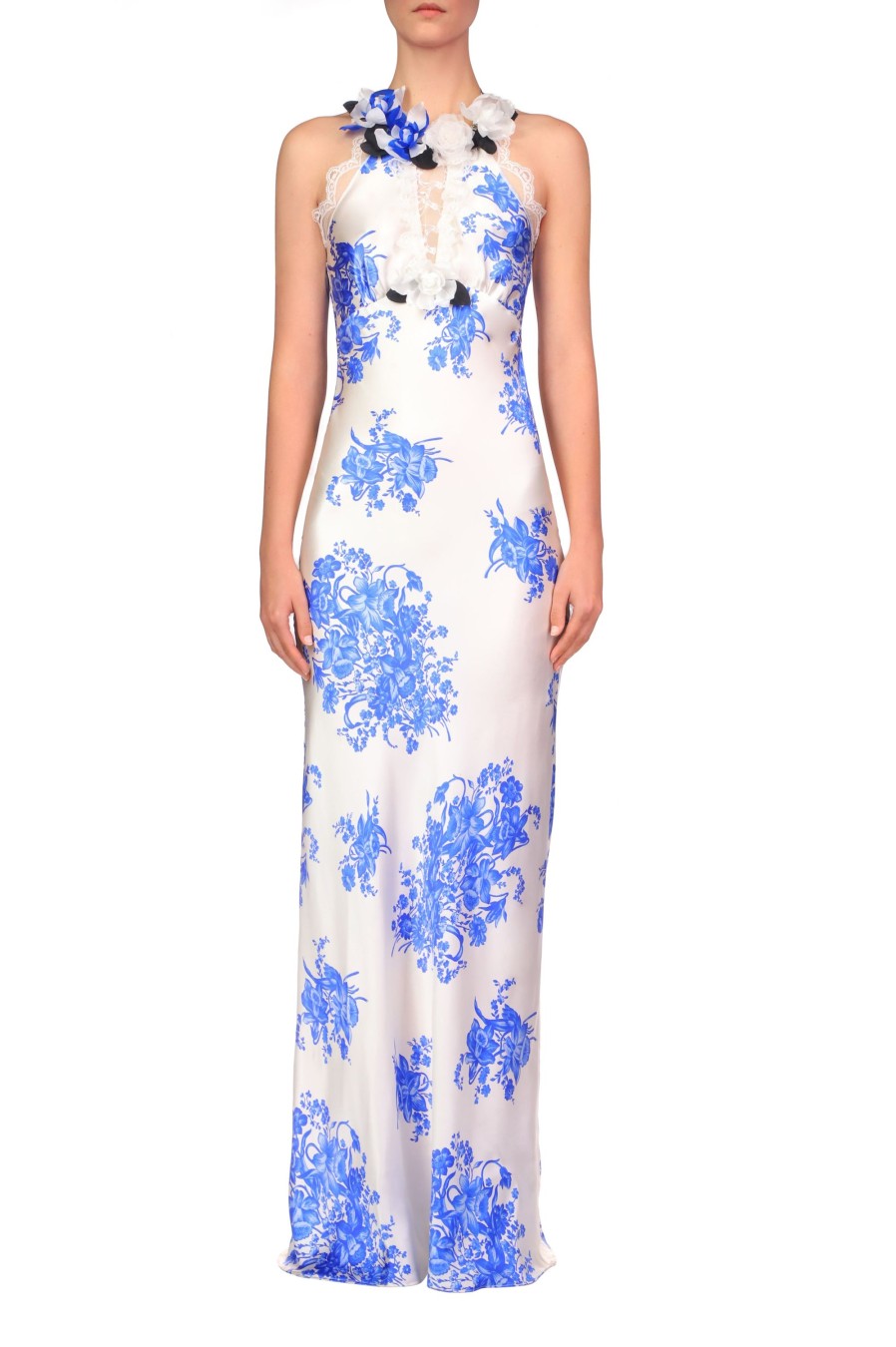 Best Blue And White Floral Printed Silk Bias Gown With Lace Details Dresses