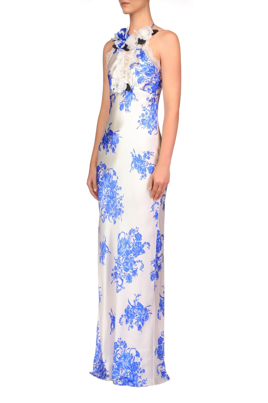 Best Blue And White Floral Printed Silk Bias Gown With Lace Details Dresses