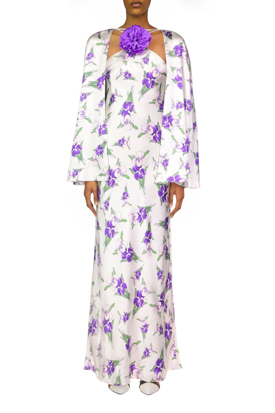 Online Purple Iris Printed Silk Satin Capelet Dresses