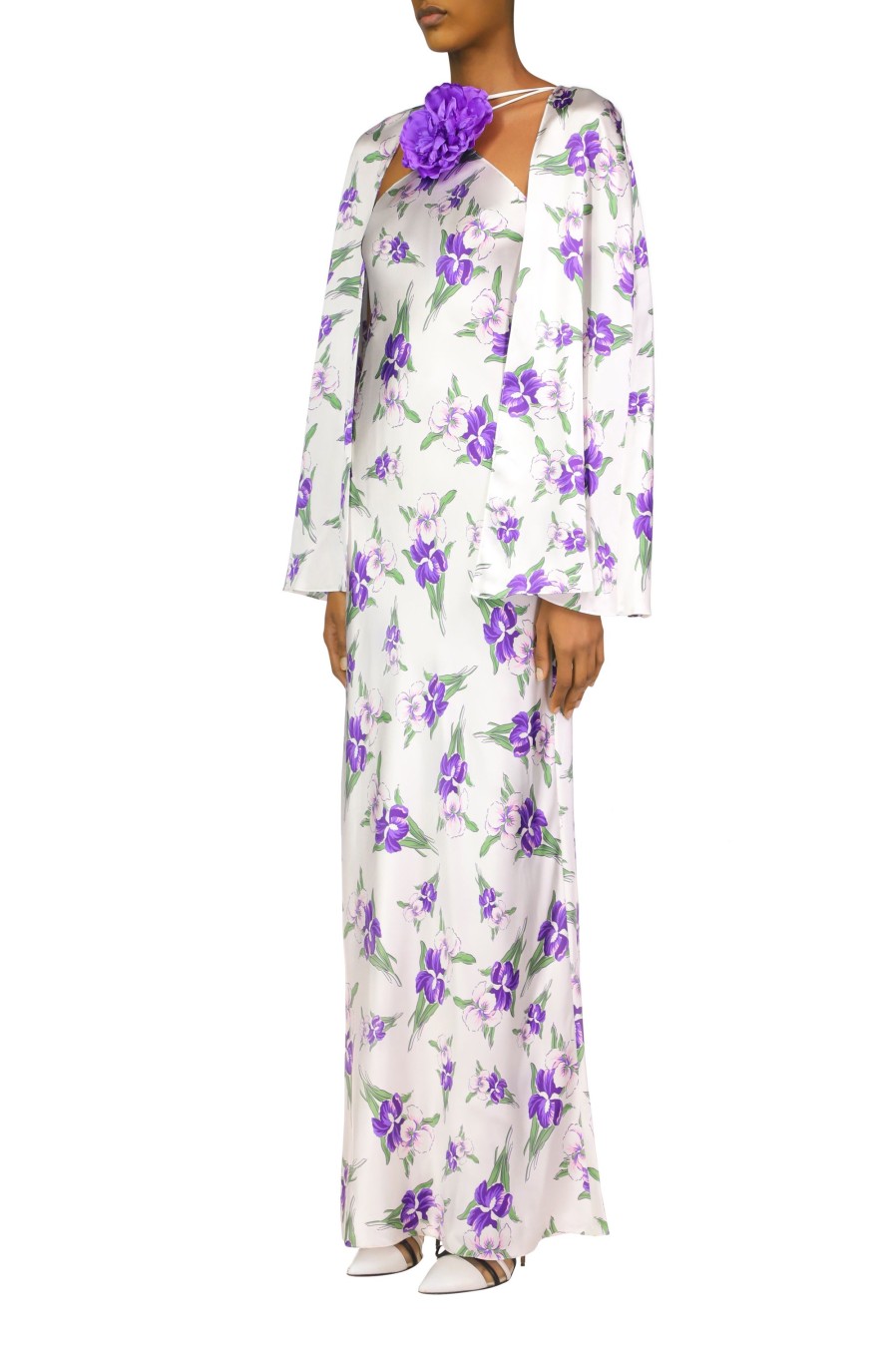 Online Purple Iris Printed Silk Satin Capelet Dresses