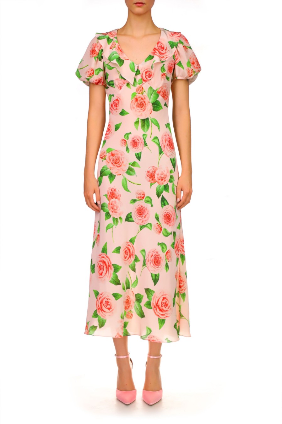 New Camellia Printed Silk Bias Dress With Ruffle Details Dresses