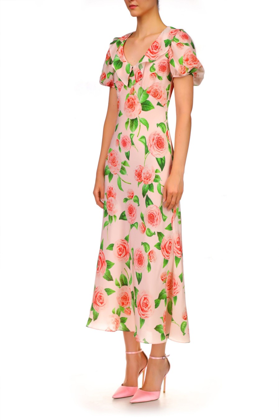 New Camellia Printed Silk Bias Dress With Ruffle Details Dresses