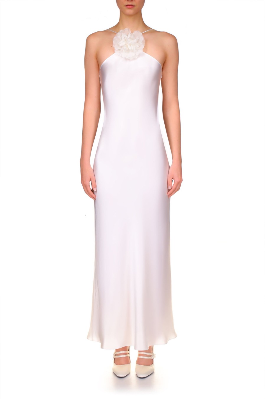 Online Off White Silk Satin Halter Gown With Silk Flower Dresses