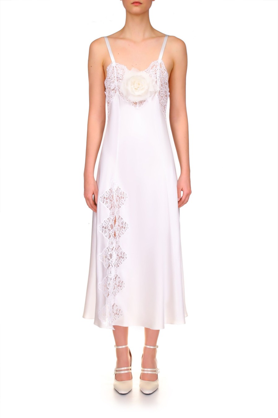 Hot White Silk Satin And Lace Bias Slip Dress With Slit And Rose Dresses