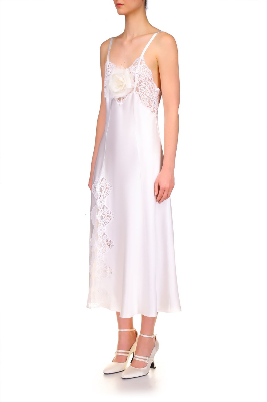 Hot White Silk Satin And Lace Bias Slip Dress With Slit And Rose Dresses