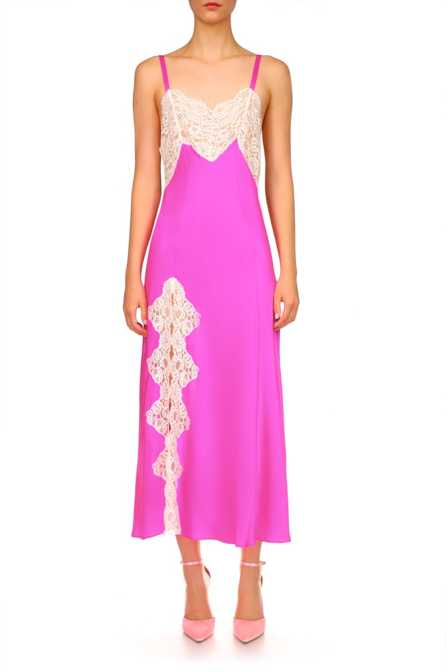 Hot Hot Pink Silk Satin And Lace Bias Slip Dress Dresses