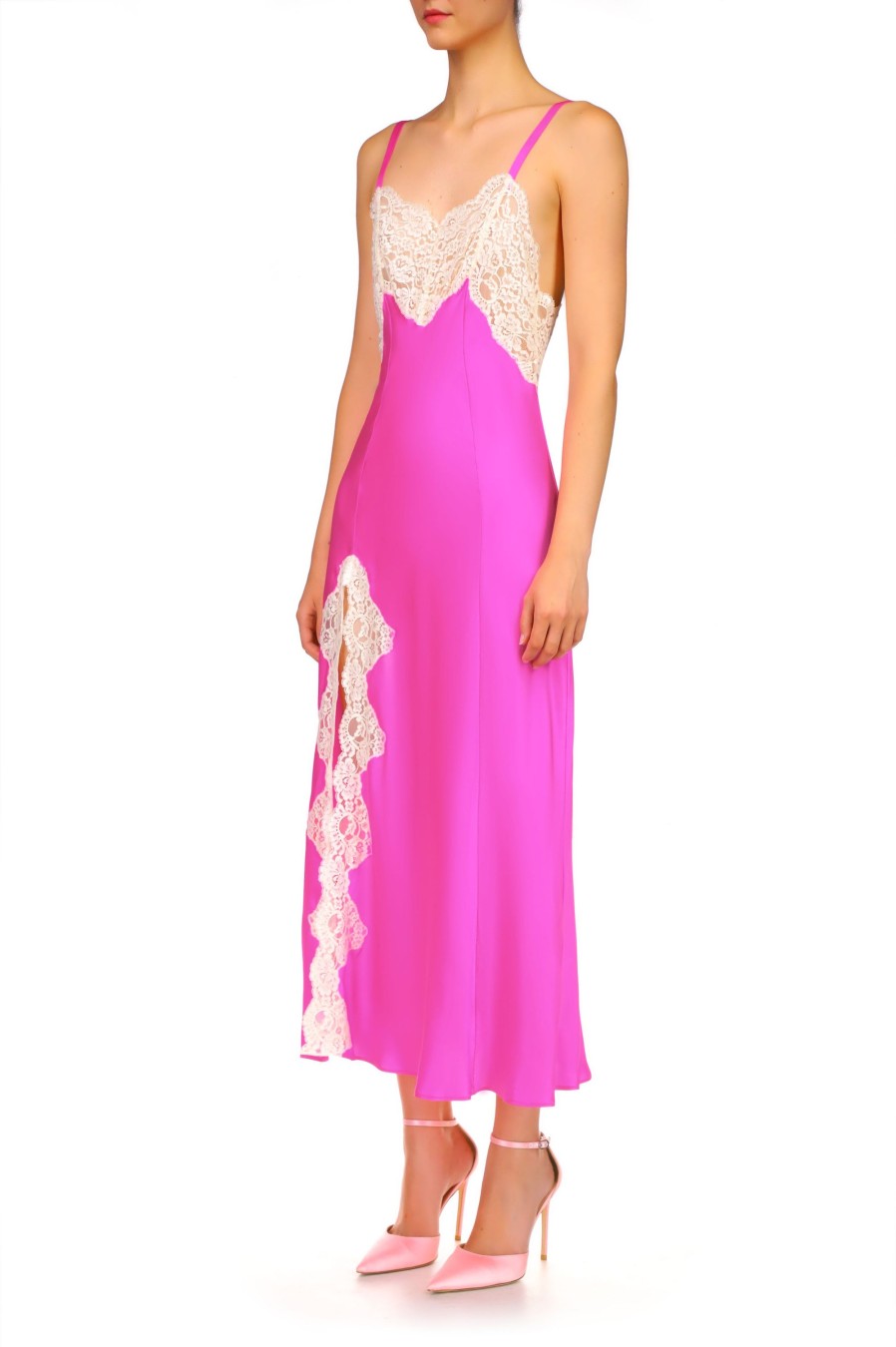 Hot Hot Pink Silk Satin And Lace Bias Slip Dress Dresses