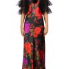 Clearance Floral Printed Silk Bias Slip Gown With Ruffle Sleeves And Silk Flower Dresses