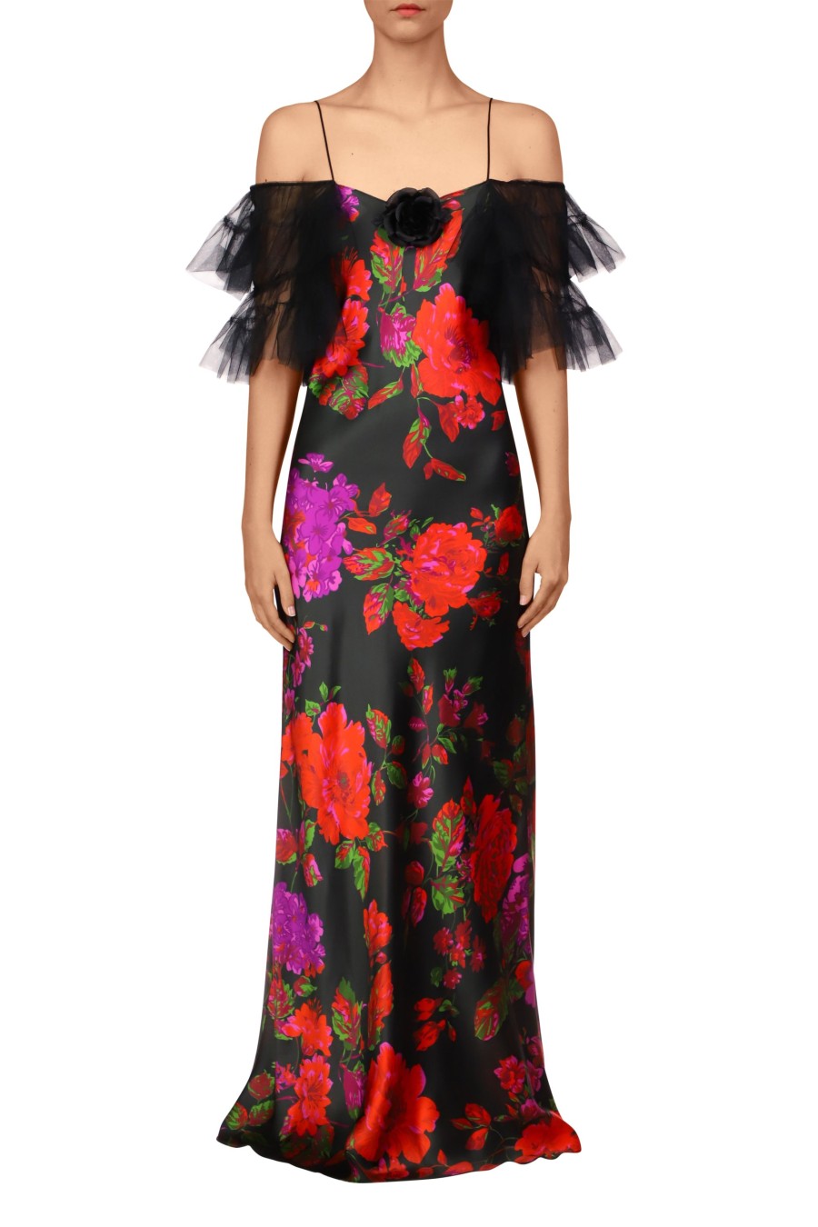 Clearance Floral Printed Silk Bias Slip Gown With Ruffle Sleeves And Silk Flower Dresses