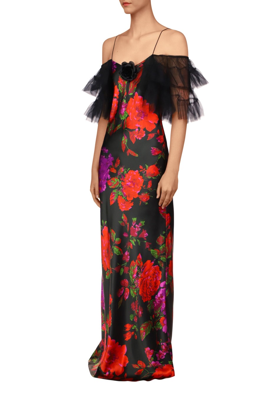 Clearance Floral Printed Silk Bias Slip Gown With Ruffle Sleeves And Silk Flower Dresses