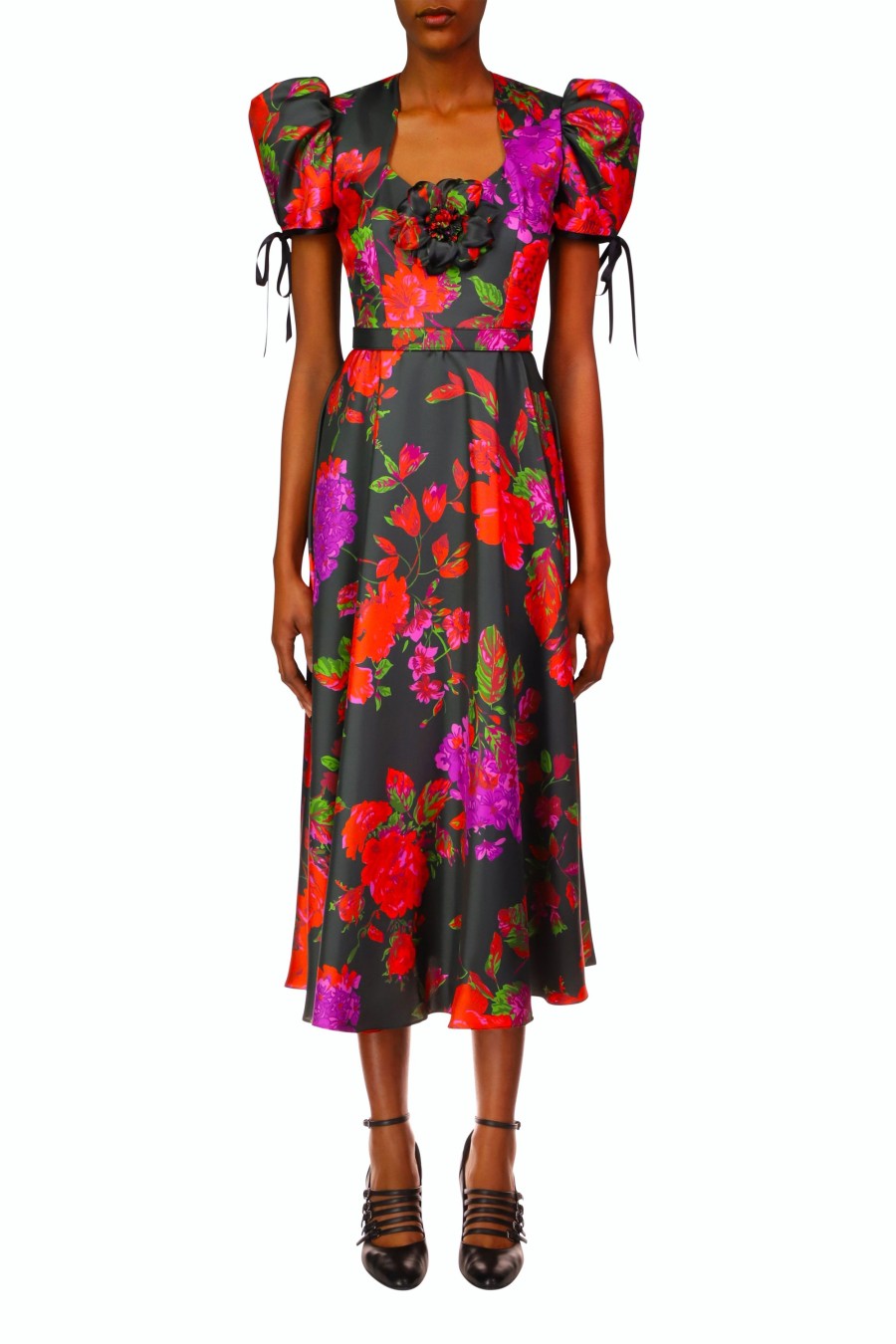 Hot Floral Printed Twill Dress With Silk Flower Dresses