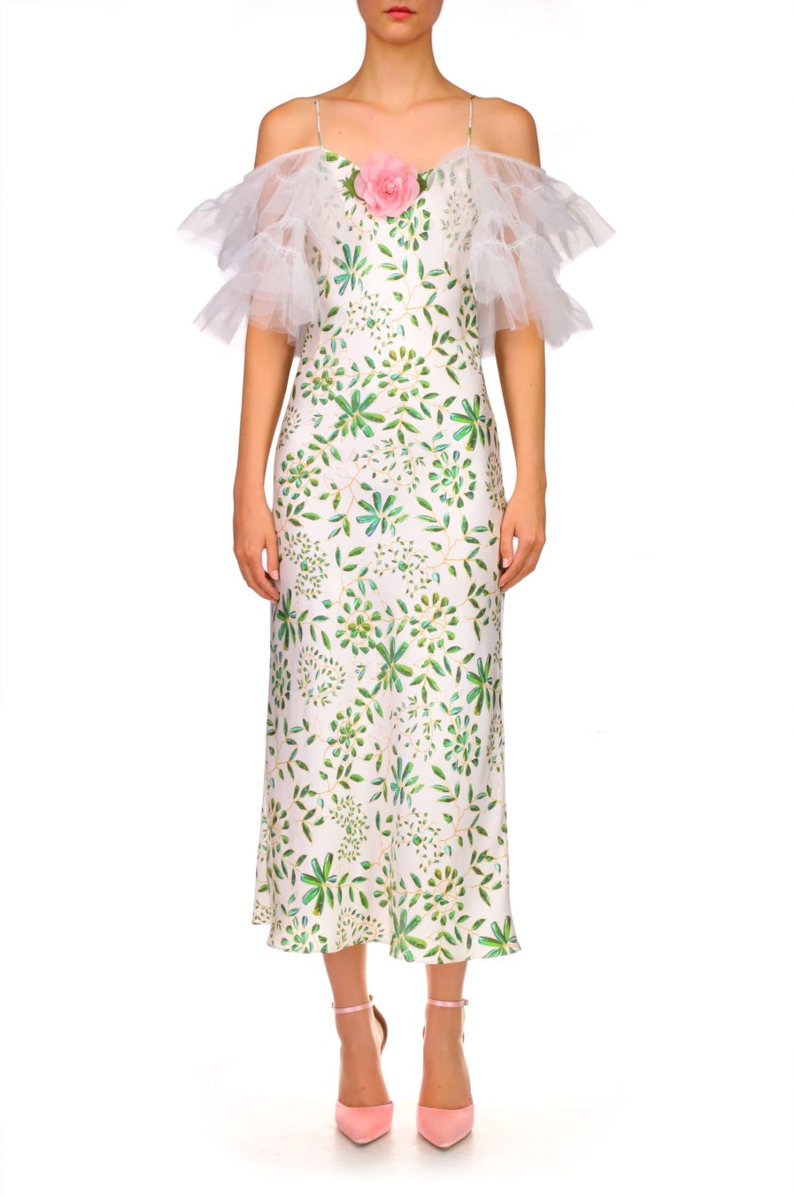 Hot Green And White Printed Silk Bias Slip Dress With Ruffle Sleeves And Silk Flower Dresses