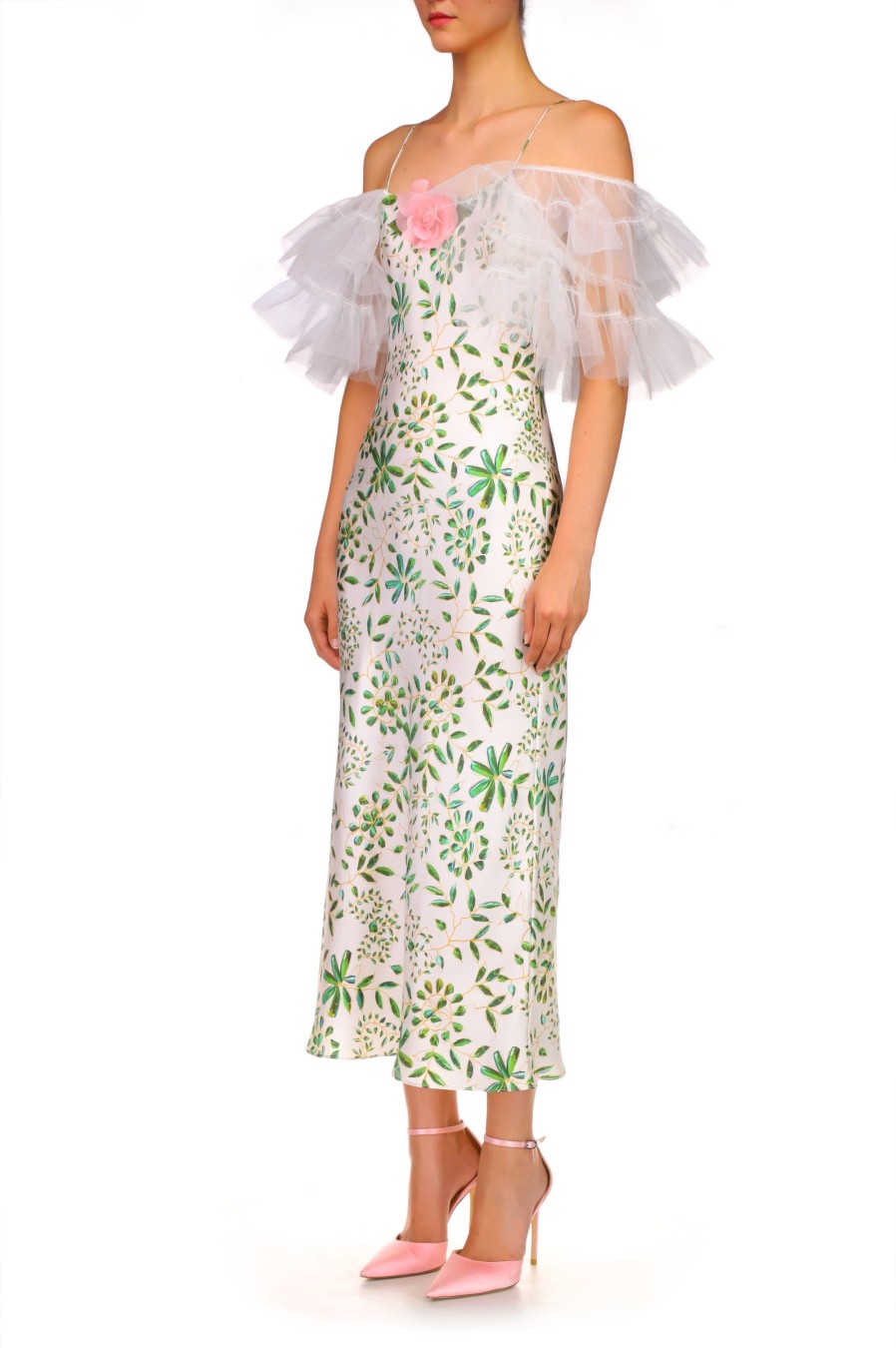 Hot Green And White Printed Silk Bias Slip Dress With Ruffle Sleeves And Silk Flower Dresses