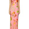 New Pink Mushroom Printed Silk Satin Tea Length Slip Dress Dresses