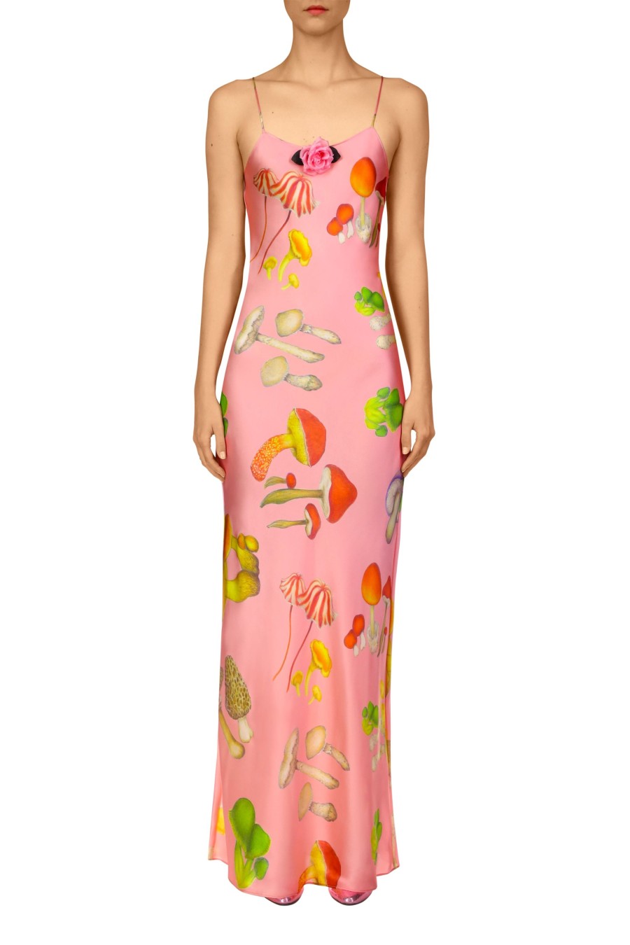 New Pink Mushroom Printed Silk Satin Tea Length Slip Dress Dresses