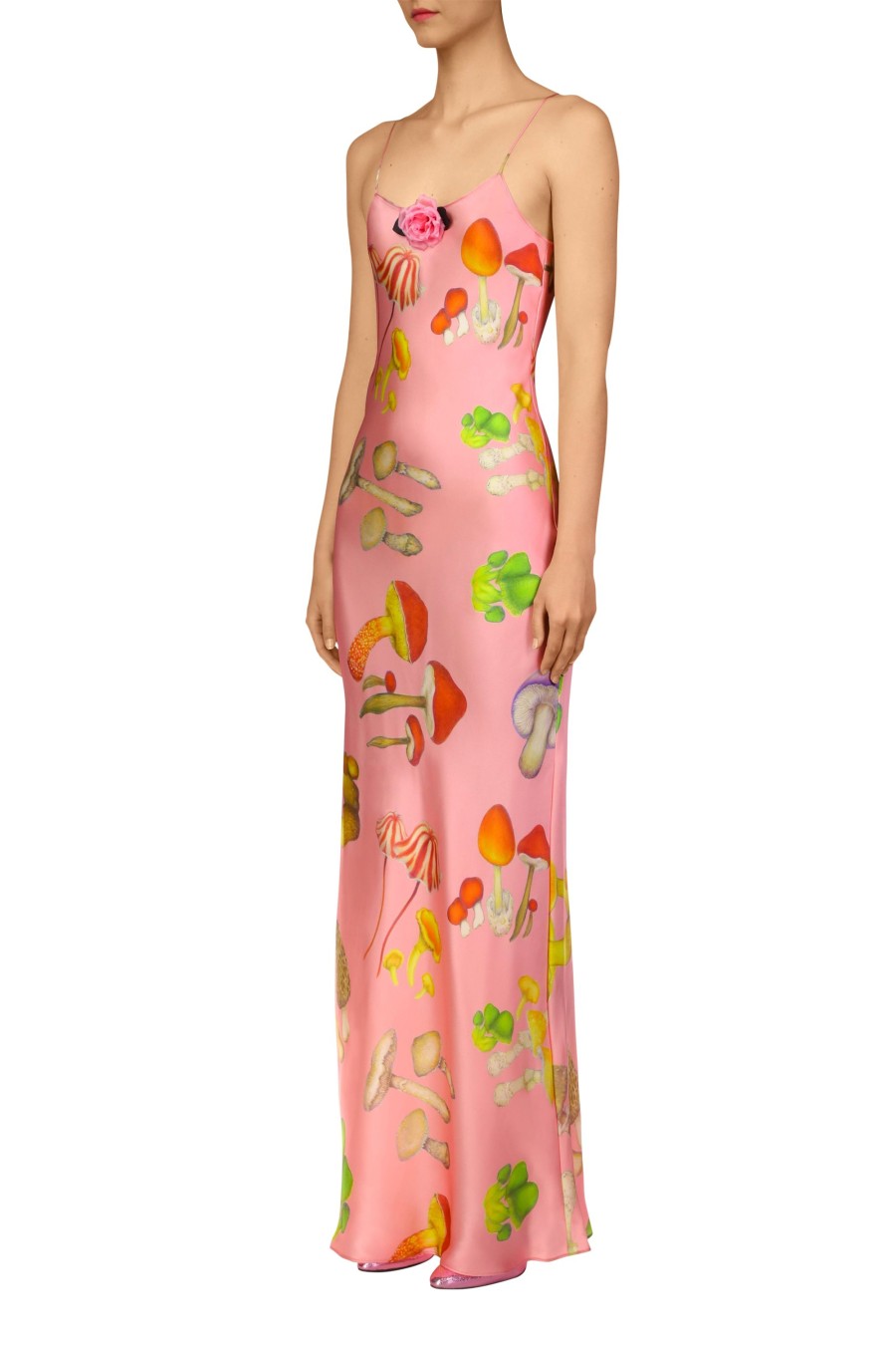 New Pink Mushroom Printed Silk Satin Tea Length Slip Dress Dresses