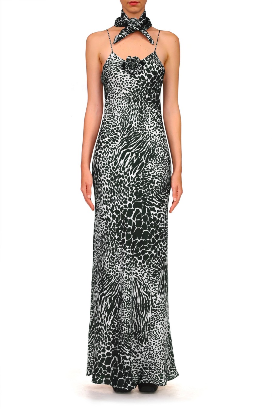 Wholesale Black And White Zebra Silk Jacquard Gown With Silk Flower Dresses