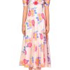 Hot Pink And Blue Rose Printed Short Sleeve Dress With Silk Flower Detail Dresses