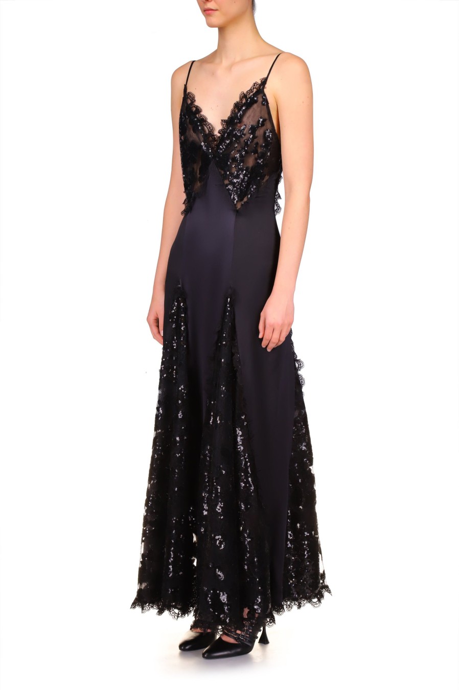 Wholesale Black Silk Satin And Black Sequin Dress With Godet And Lace Ruffle Dresses