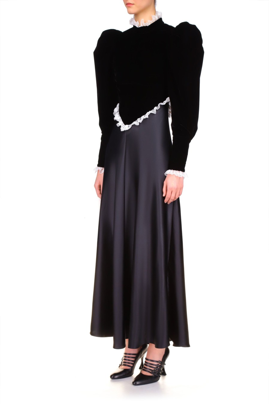 Hot Black Silk Satin & Velvet Long Sleeve Dress With Lace Detail Dresses