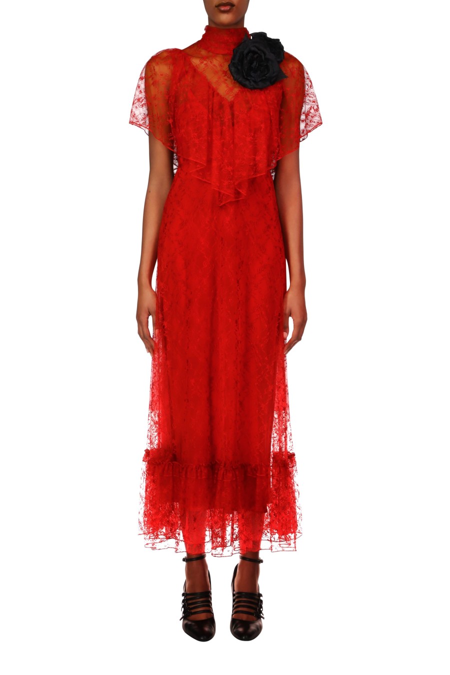 Wholesale Red Floral Lace Dress With Flower Corsage Dresses