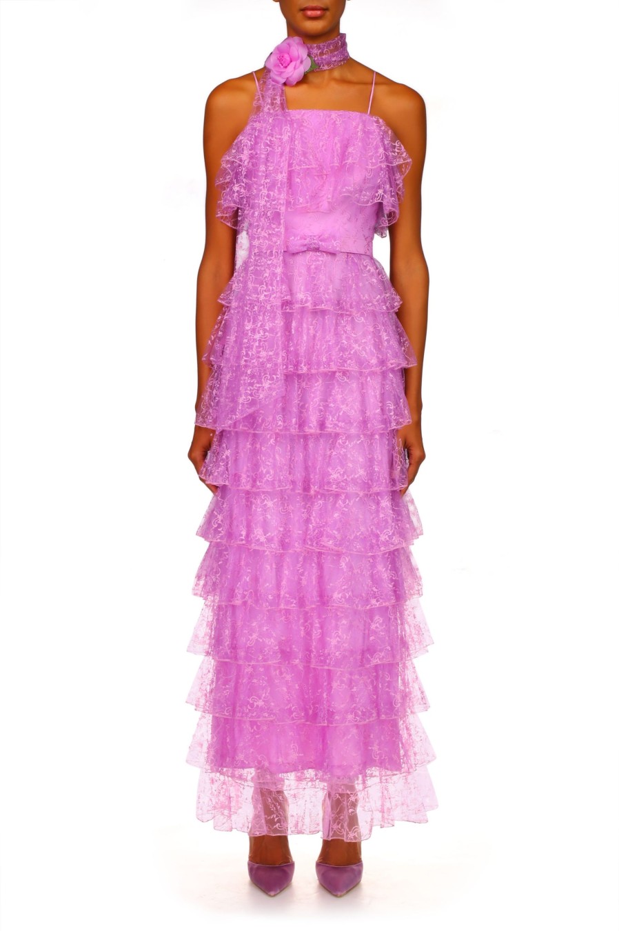 Wholesale Orchid Purple Floral Tulle Tiered Ruffle Dress Dresses