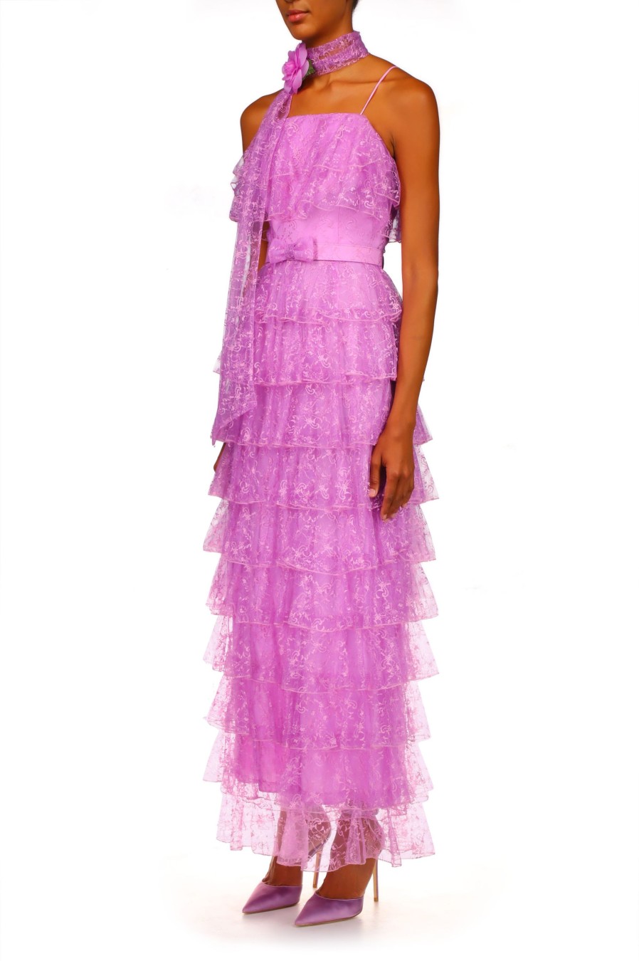 Wholesale Orchid Purple Floral Tulle Tiered Ruffle Dress Dresses