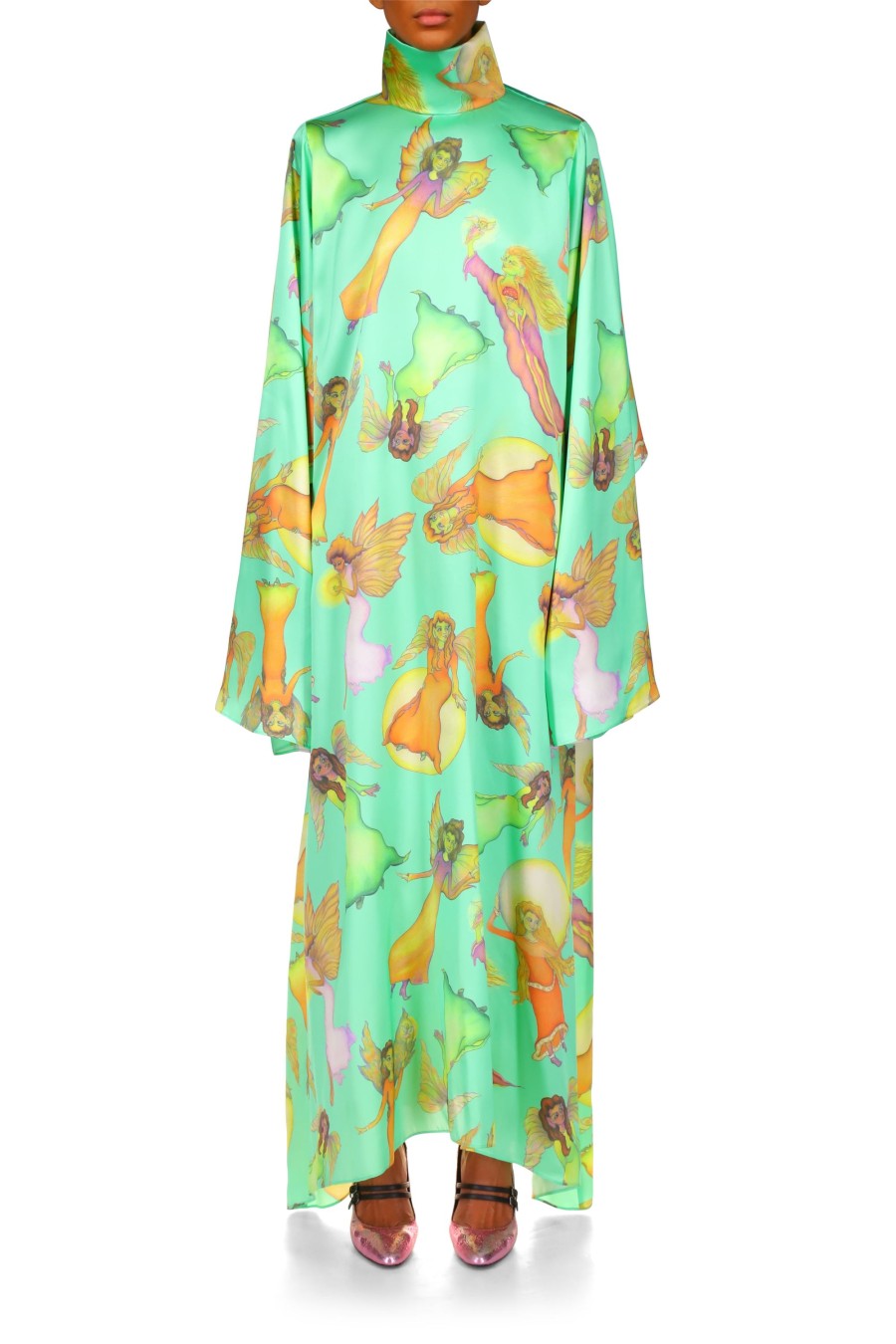 Clearance Green Fairy Printed Silk Satin Tunic Dress Dresses