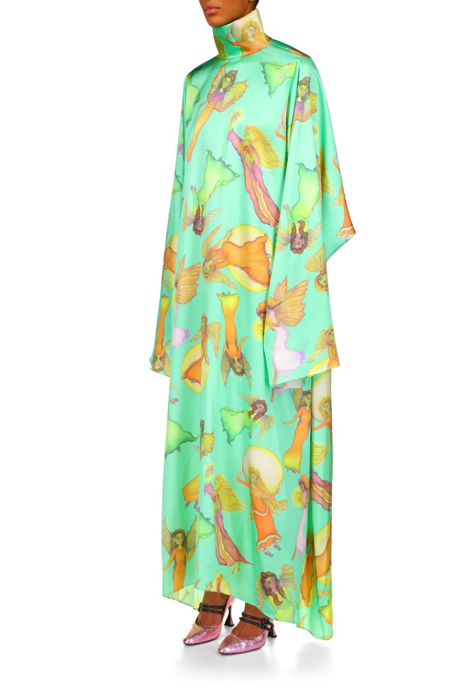 Clearance Green Fairy Printed Silk Satin Tunic Dress Dresses