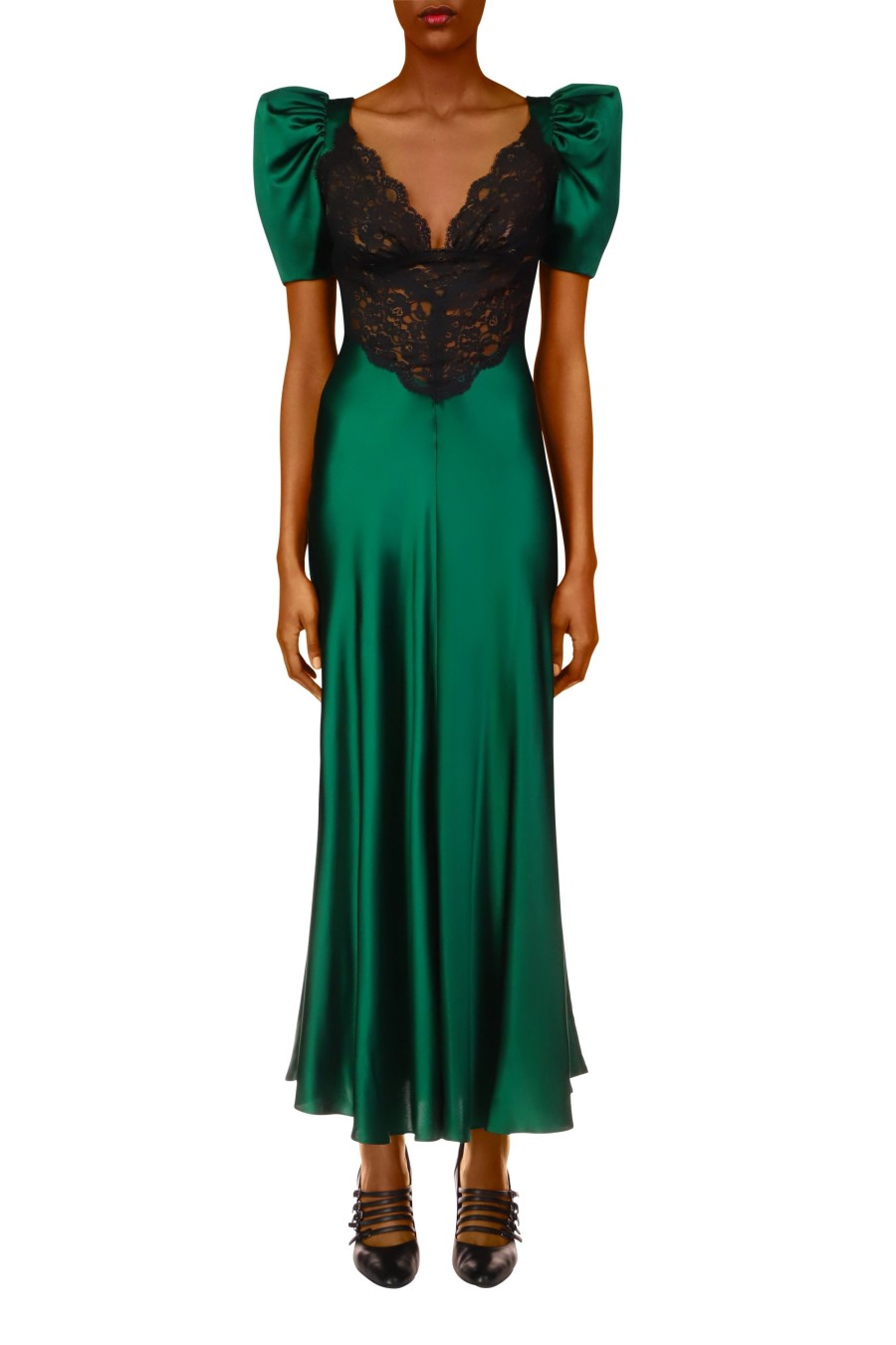 Wholesale Green Silk Short Sleeve Dress With Black Lace Details Dresses