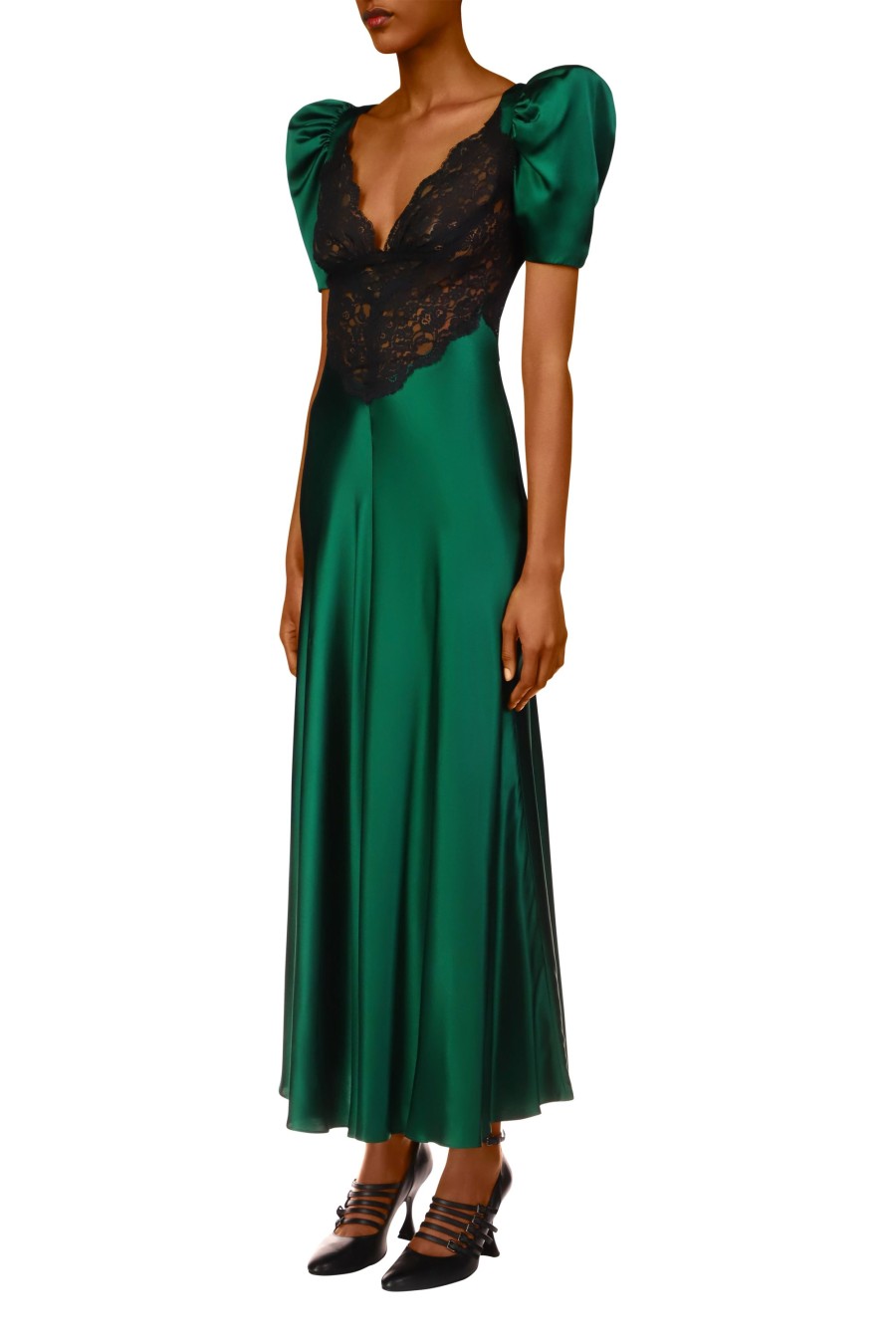 Wholesale Green Silk Short Sleeve Dress With Black Lace Details Dresses