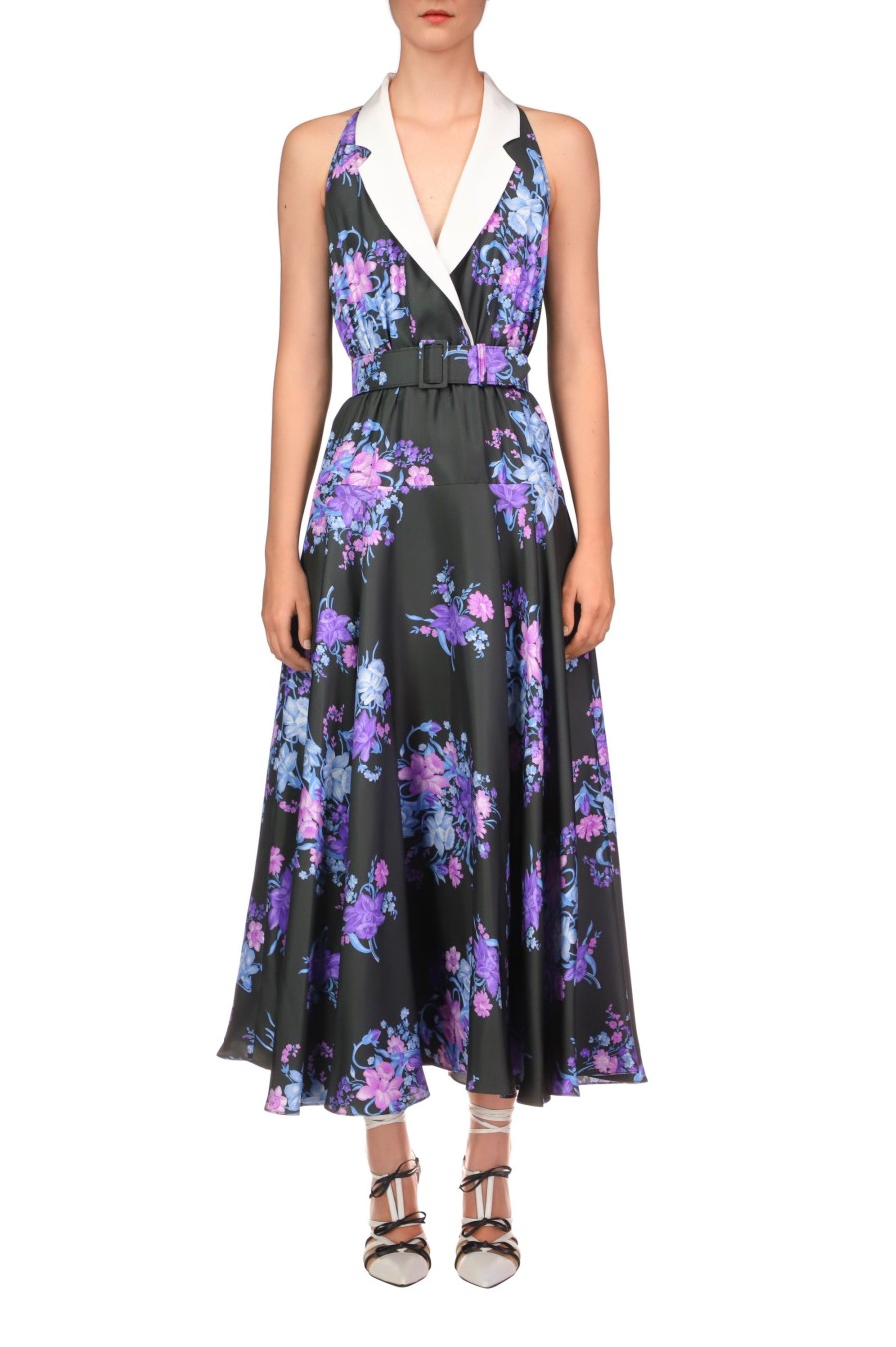 Best Floral Printed Silk Twill Collared Halter Dress With Belt Detail Dresses