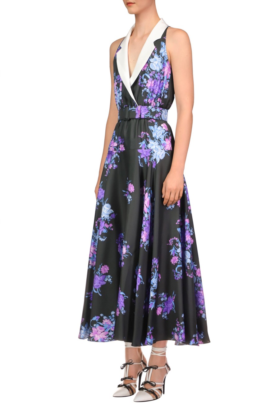 Best Floral Printed Silk Twill Collared Halter Dress With Belt Detail Dresses