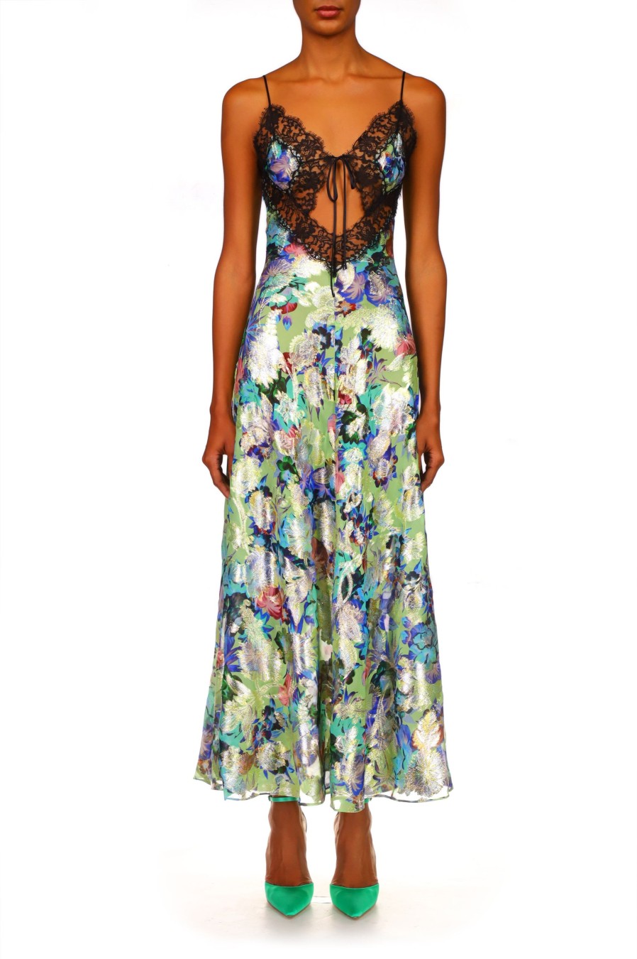 Best Mint Floral Lurex Jacquard Dress With Black Lace Dresses