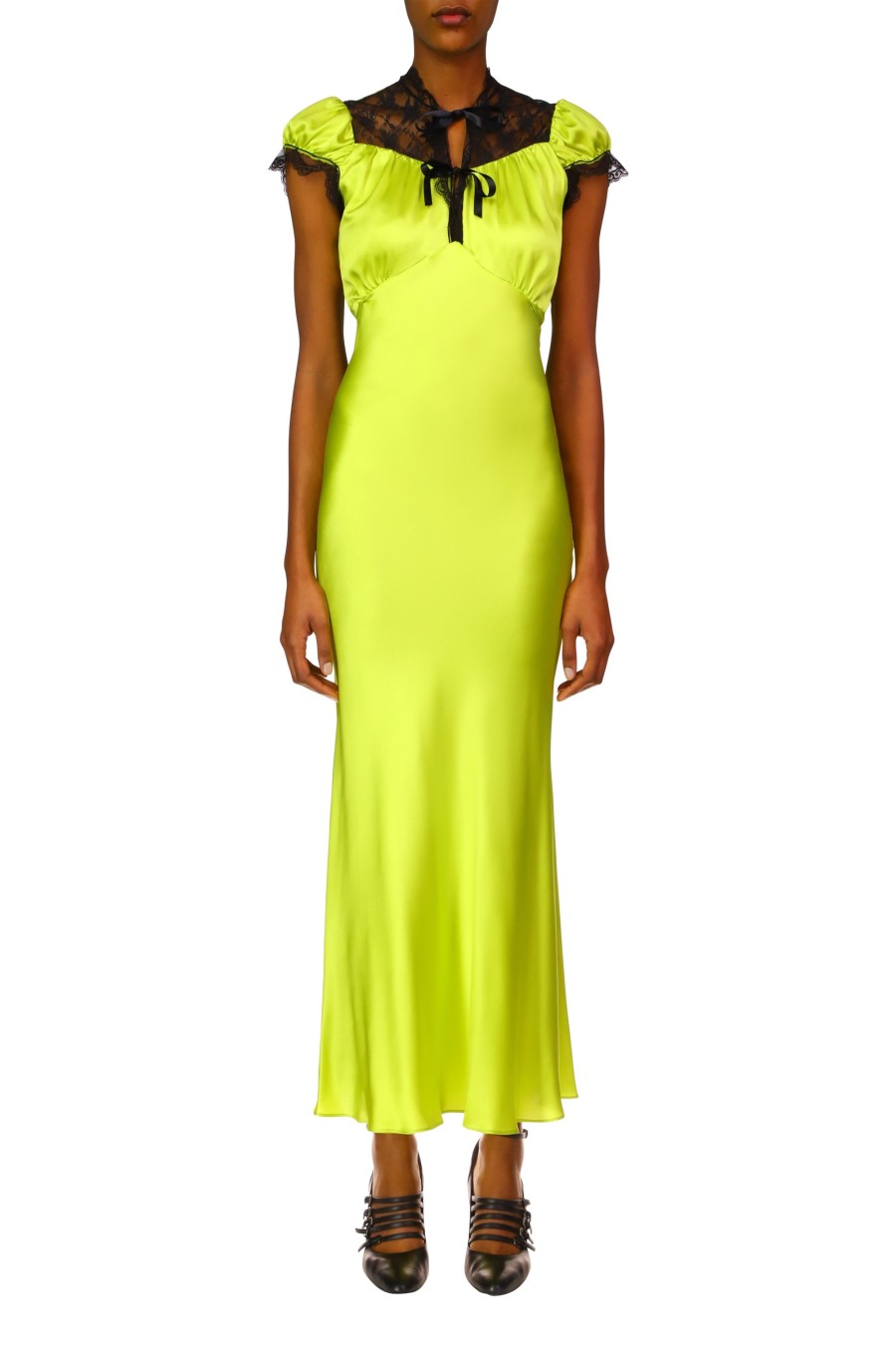 Wholesale Chartreuse Silk Satin Bias Dress With Lace And Ruffle Details Dresses