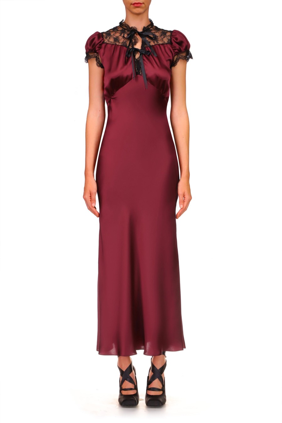 Online Burgundy Silk Satin Bias Dress With Lace And Ruffle Details Dresses