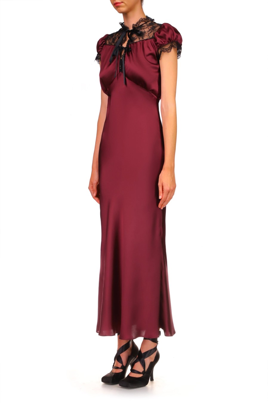 Online Burgundy Silk Satin Bias Dress With Lace And Ruffle Details Dresses