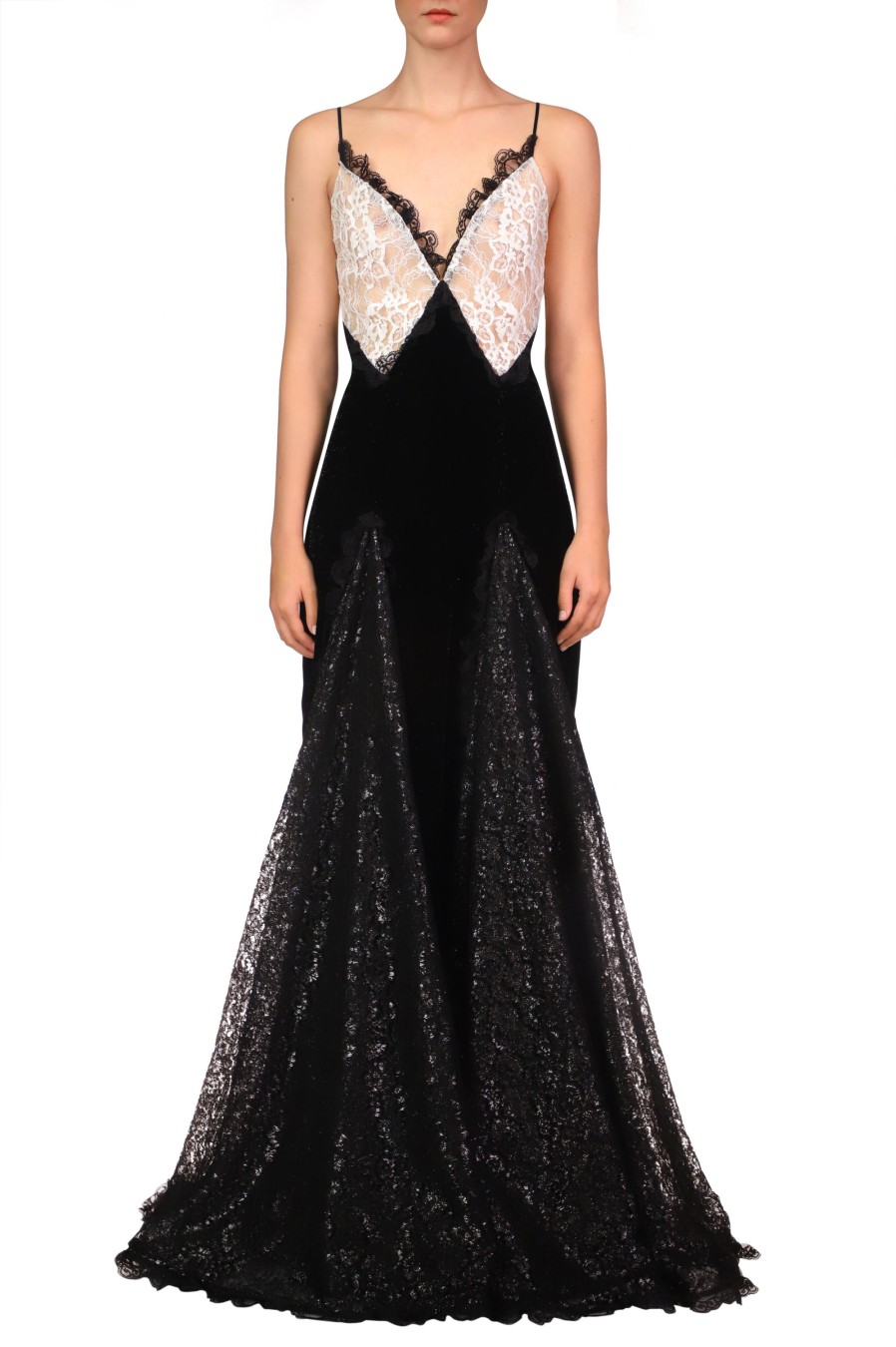 Online Metallic Black And White Lace And Velvet Gown With Lace Godets Dresses