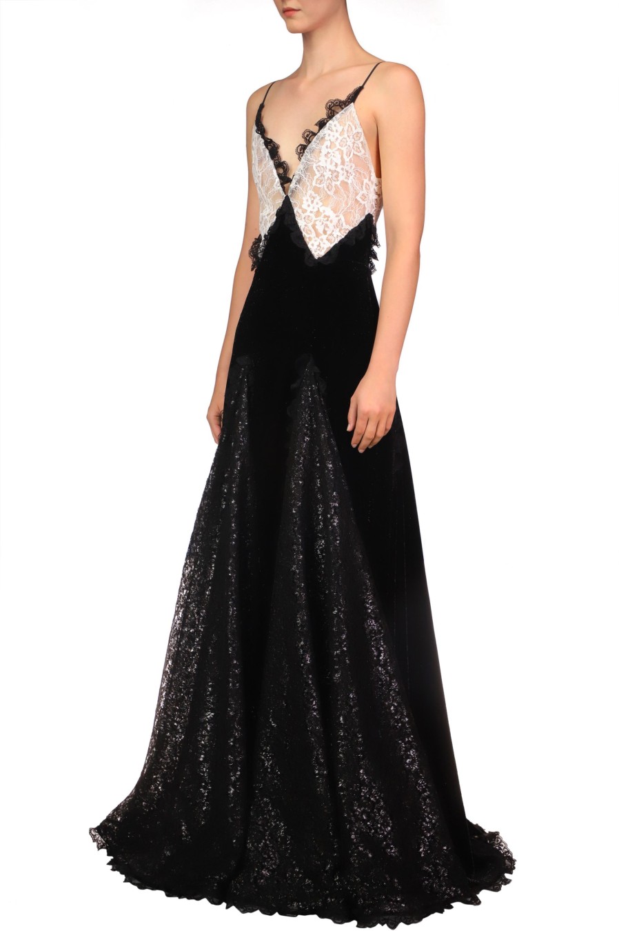 Online Metallic Black And White Lace And Velvet Gown With Lace Godets Dresses