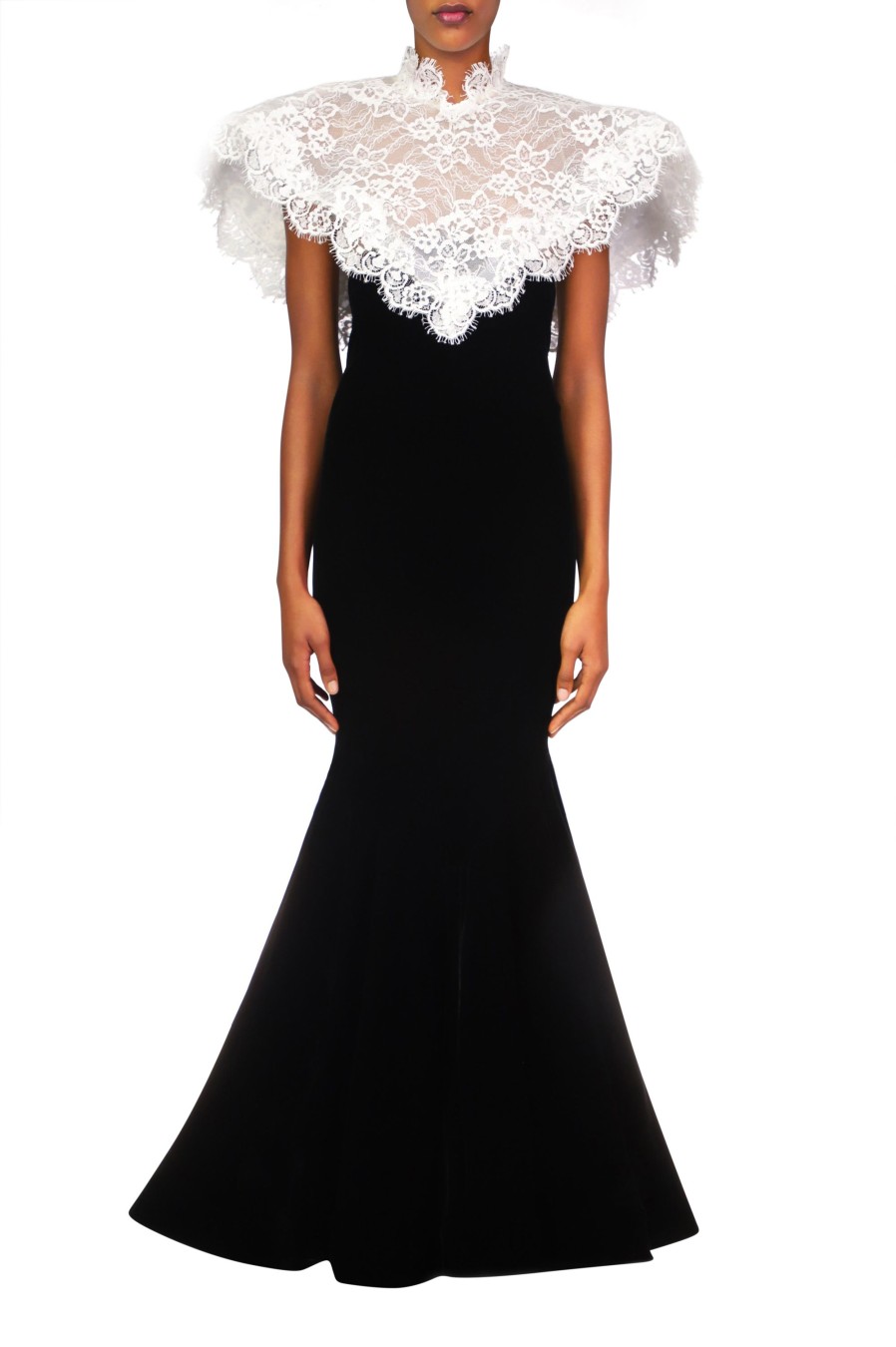 New Black Velvet Gown With Off White Lace Collar Dresses