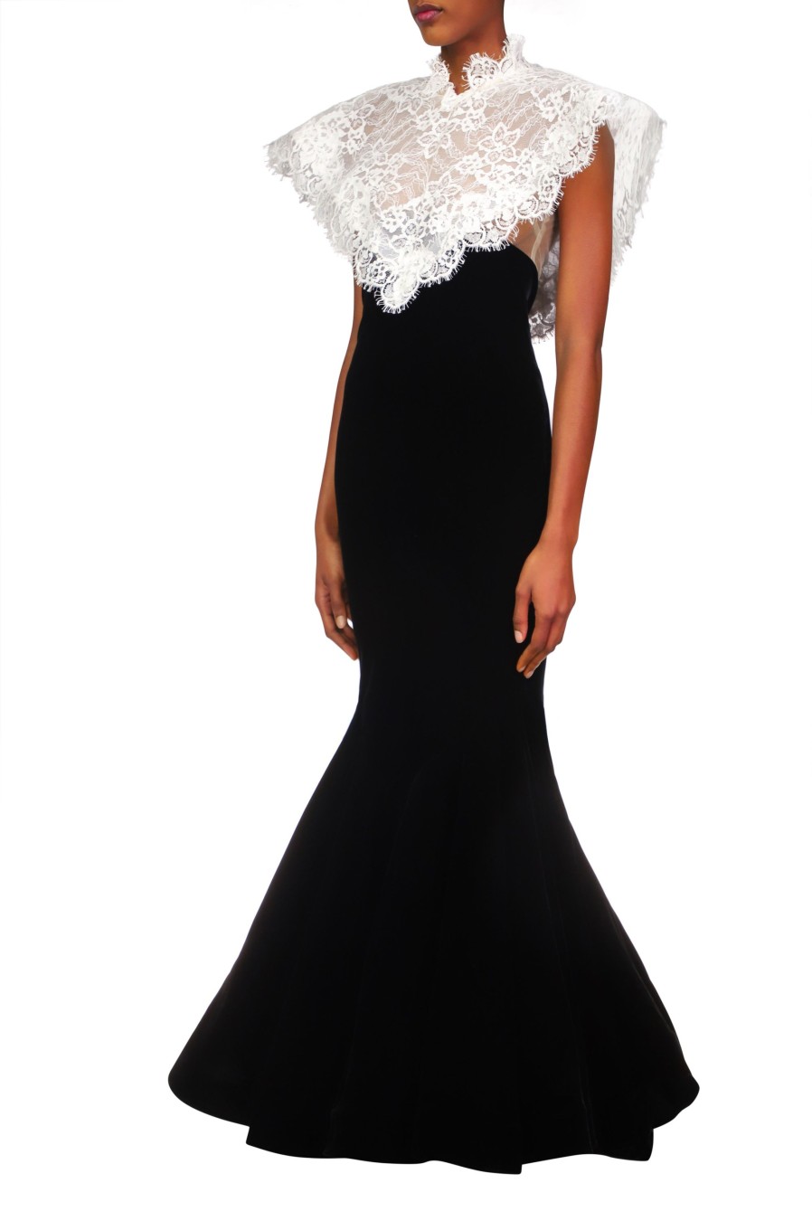 New Black Velvet Gown With Off White Lace Collar Dresses