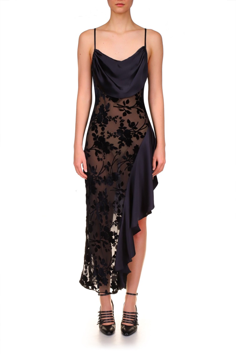 Clearance Black Floral Burnout Velvet And Satin Asymetrical Cowl Neck Bias Dress Dresses