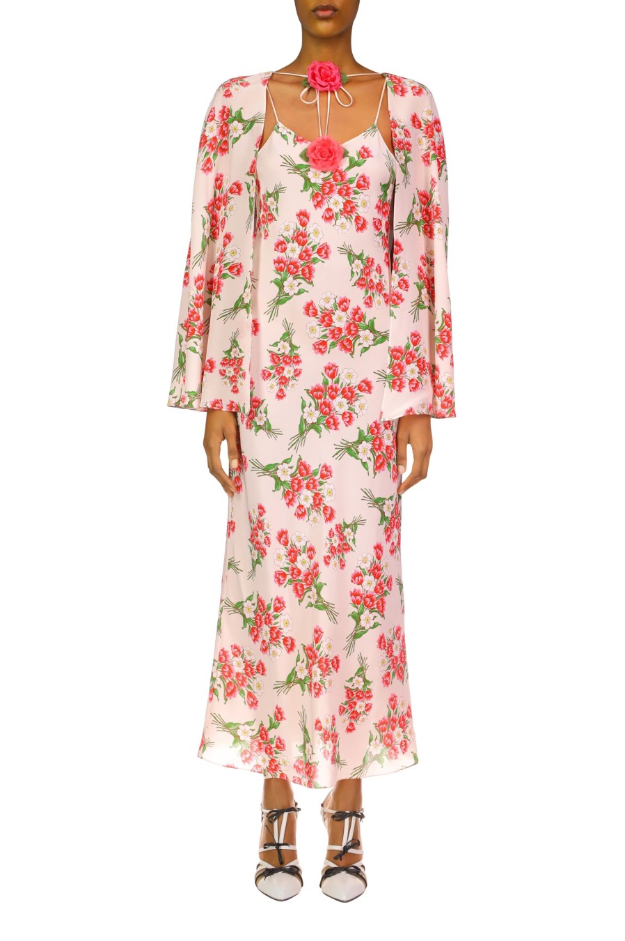 Best Pink Tulip Bouquet Printed Silk Capelet With Silk Flower Detail Dresses