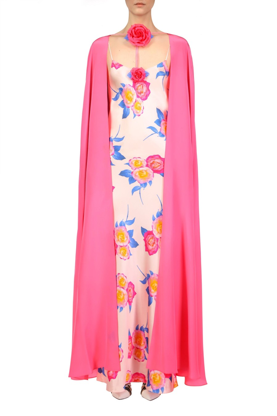 Wholesale Pink Silk Cape With Silk Flower Detail Dresses