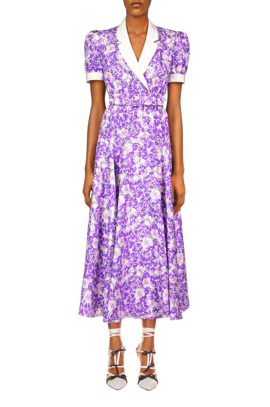 Online Purple Iris Printed Silk Twill Collared Dress With Belt Detail Dresses