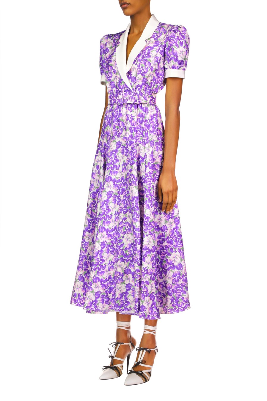 Online Purple Iris Printed Silk Twill Collared Dress With Belt Detail Dresses